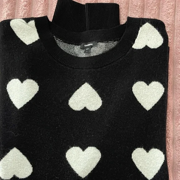 Express Black Crewneck Sweater with White Heart Motif - Picture 2 of 4